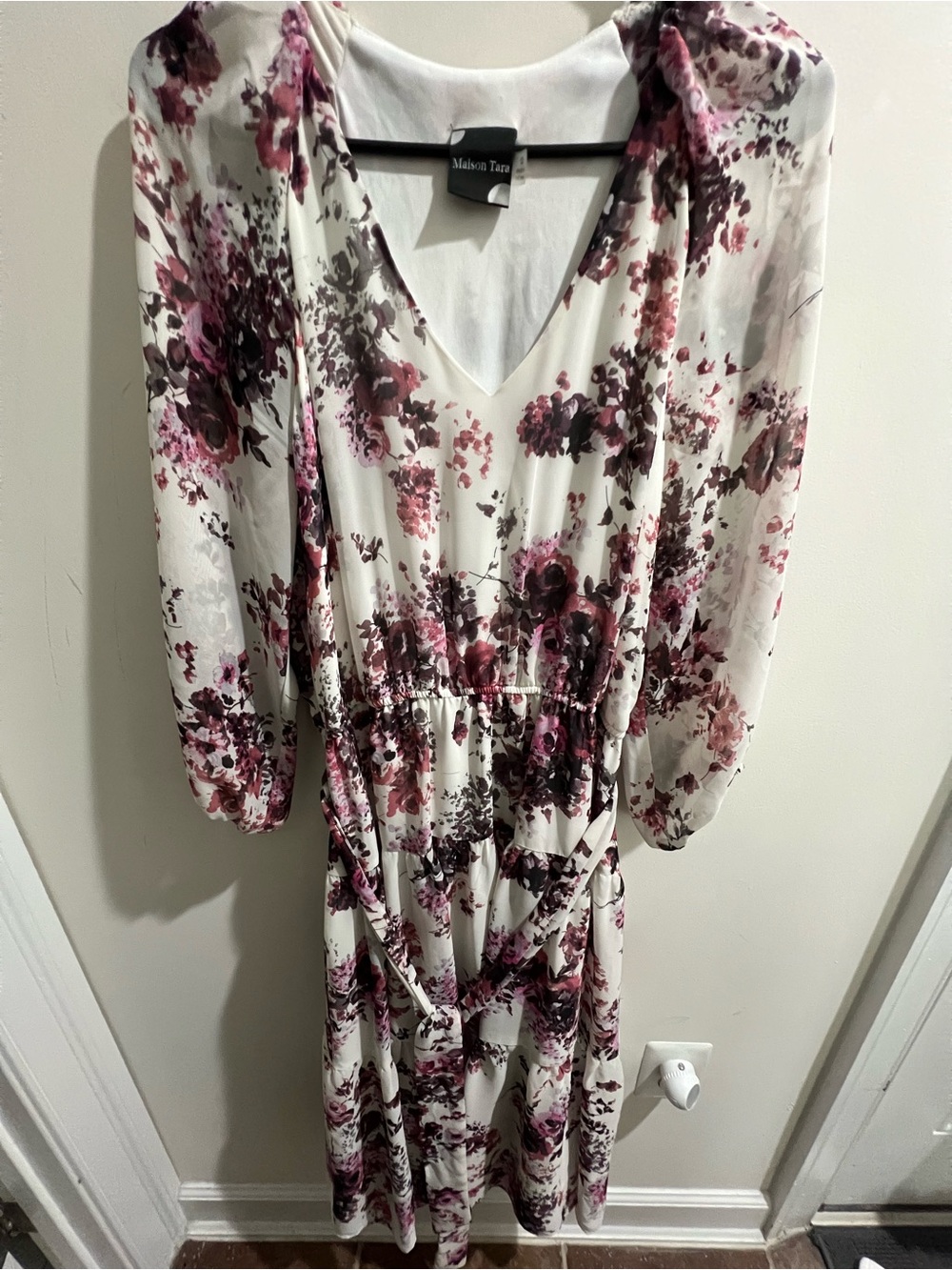 Maison Tara White Midi Dress with Pink & Burgundy Floral Print
